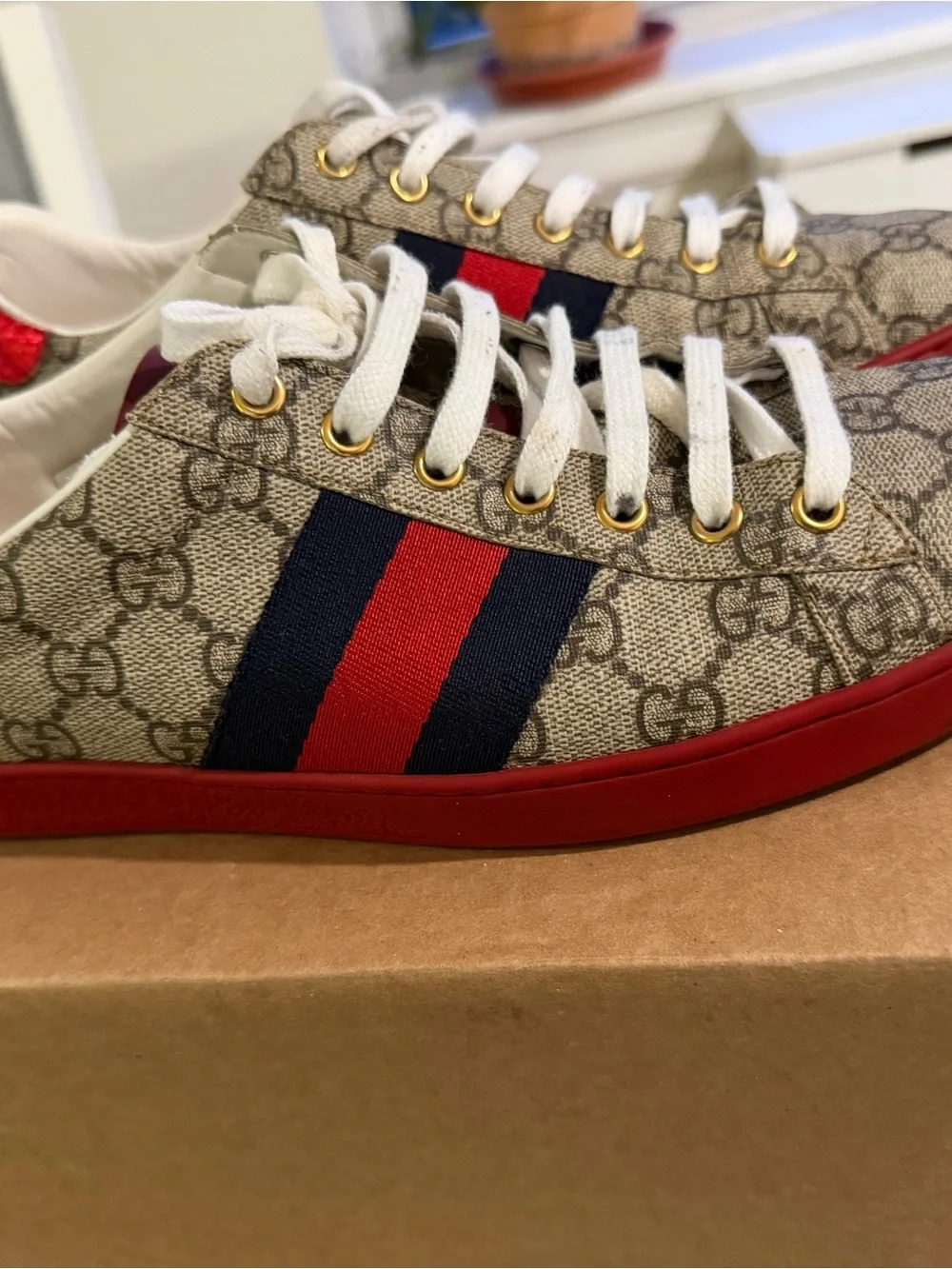Gucci Beige GG Supreme Sneakers with Red Sole and Navy-Red Web